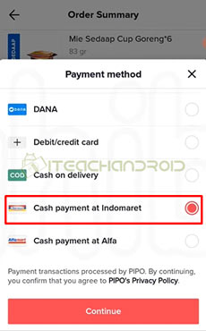 8. Pilih Cash Payment at Indomaret
