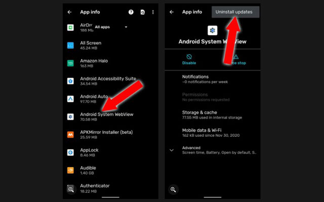 Uninstall Update Android System WebView