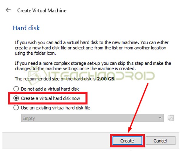 4. pilih Create a Virtual hard disk now